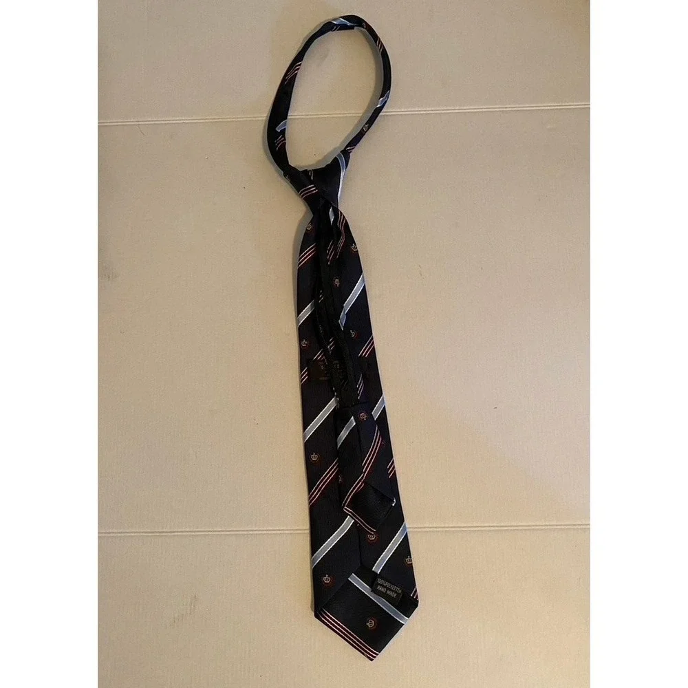 Kailong Mens Zipper Tie Navy Blue Striped Crown Crest Handmade Necktie